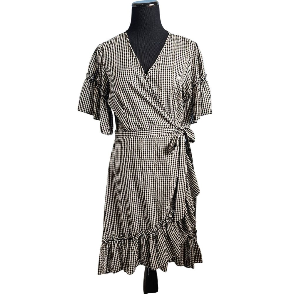 Max Studio Black and White Gingham Wrap Dress with Ruffle Sleeves SIZE LARGE